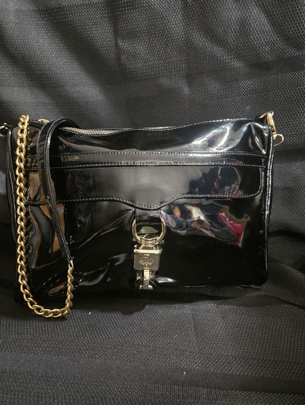 Rebecca Minkoff BOUTIQUE Black Patent Leather Shoulder Bag with Gold Chain